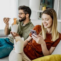 home delivery of food for young couple - food stock pictures, royalty-free photos & images