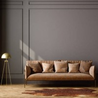 home interior with brown leather sofa, empty wall and floor lamp - home decoration stock pictures, royalty-free photos & images
