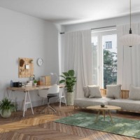 home office interior with wooden table, sofa and potted plants. working at home - home decoration stock pictures, royalty-free photos & images