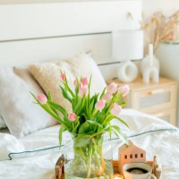 home spring decor, bouquet of tulips in vase, hot coffee. - home decoration stock pictures, royalty-free photos & images
