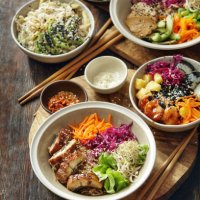 homemade poke bowls and glass noodle salad - junk food stock pictures, royalty-free photos & images
