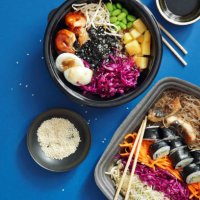 homemade poke noodle salad with unagi eel and poke with grilled prawns - junk food stock pictures, royalty-free photos & images