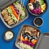 homemade poke noodle salad with unagi eel, vegan poke bowl and poke with grilled prawns - junk food stock pictures, royalty-free photos & images