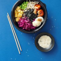 homemade poke with grilled prawns - junk food stock pictures, royalty-free photos & images