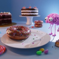 human brain walking between cookies, candies and other junk food - food stock pictures, royalty-free photos & images