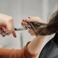 human hands hair cut using a scissors lock of hair - hairstyle stock-fotos und bilder
