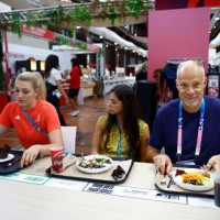 Hungary Minister of Defense and Sport Kristof Szalay-Bobrovniczky sits for a meal with Fencing Bronze medalist Eszter Muhari as he visits Hungarian...