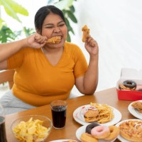 hungry overweight woman holding fried chicken - junk food stock pictures, royalty-free photos & images