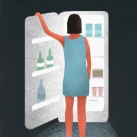 hungry woman standing at open refrigerator - junk food stockfoto's en -beelden