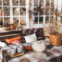hygge home terrace with decorated table for tea time. - garden decoration stock pictures, royalty-free photos & images