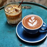 ice and hot cafe latte - coffee stock pictures, royalty-free photos & images
