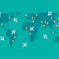 illustration of airplane flights on world map - travel stock illustrations