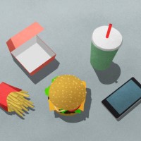 illustration of fast food with drink and mobile phone against gray background - junk food stockfoto's en -beelden