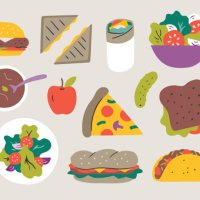 illustration of fresh lunch entrees — hand-drawn vector elements - food stock illustrations