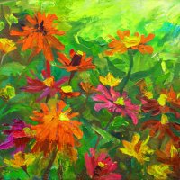 illustration oil painting landscape flowers zinnia graceful on a bed of plants among other flower buds of leaf stalks - garden decoration stock illustrations