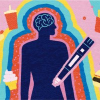 impact of semaglutide therapy on weight loss and unhealthy eating habits abstract concept with human silhouette, injection pen and fast food elements - junk food stock illustrations