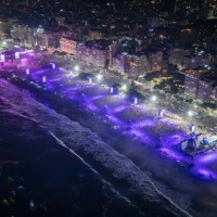 In this handout image, aerial view of Copacabana Beach packed by concertgoers during Madonna's massive free show to close 