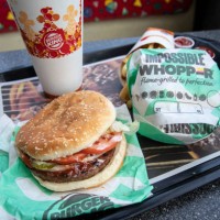 In this photo illustration, the new Impossible Whopper sits on a table at a Burger King restaurant on August 8, 2019 in the Brooklyn borough of New...