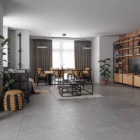 industrial style living room with sofa, dining table, chairs, television set and brick wall - home decoration stock pictures, royalty-free photos & images