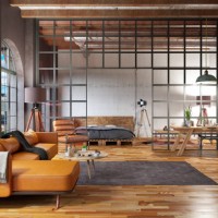 industrial style loft open space living room and bedroom - home decoration stockfoto's en -beelden
