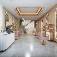 interieur von luxus-friseur und schönheitssalon mit rosa stühlen, spiegeln, fliesenboden und kasse - hairstyle stock-fotos und bilder