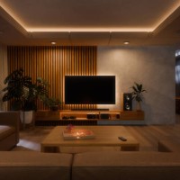 interior of living room at night with illuminated tv and ceiling - home decoration stock pictures, royalty-free photos & images