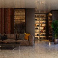 interior of luxurious living room with sofa and bookshelf. dusk scenery from the window. - home decoration stock pictures, royalty-free photos & images