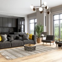 interior of modern living room with black color sofa, armchairs, potted plant and open plan kitchen. - home decoration stock pictures, royalty-free photos & images