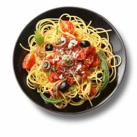 italian ingredients: spaghetti puttanesca - food stock pictures, royalty-free photos & images