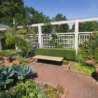 jardin potager avec patio et lits, ornement floral jardin des plantes - garden decoration photos et images de collection