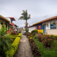 jerico, antioquia, colombia - april 5 2022: beautiful gardens with bushes and flowers in colonial street with colourful houses and palm tree in the background - garden decoration stock pictures, royalty-free photos & images
