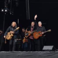 Joe Walsh, Vince Gill and Don Henley of the Eagles enter on stage at Murrayfield on June 22, 2022 in Edinburgh, Scotland.