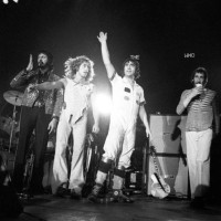 John Entwistle, Roger Daltrey, Keith Moon and Pete Townshend of The Who line up at the front of the stage at the end of a concert at Ahoy in...
