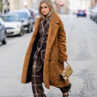 Joicy Muniz wears brown teddy coat J. Lindenberg, brown checkered suit Sophie & Lucie, beige leopard animal print bag Valentino, shoes Bottega Veneta...