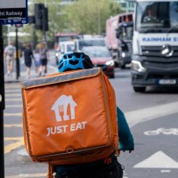 Just Eat takeaway delivery cycle courier on 28th August 2024 in London, United Kingdom. Just Eat Limited is a British online food order and delivery...