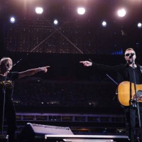 Keith Urban and Eric Church perform onstage at the Concert For Carolina Benefit Concert at Bank of America Stadium on October 26, 2024 in Charlotte,...