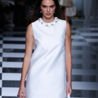Kendall Jenner walks the runway at the Versace fashion show during the Milan Fashion Week Womenswear Spring/Summer 2024 on September 22, 2023 in...