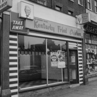 Kentucky Fried Chicken, also know as KFC, shop window, London, UK, 25th October 1978.