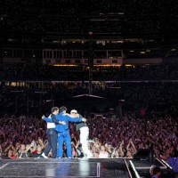 Kevin Jonas, Joe Jonas, and Nick Jonas perform onstage during Jonas Brothers “Five Albums, One Night” Tour - New York at Yankee Stadium on August 13,...