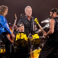 Kirk Hammett, Lars Ulrich, James Hetfield and Robert Trujillo of Metallica perform at Ford Field on November 12, 2023 in Detroit, Michigan.