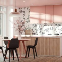 kitchen interior design in modern style with terazzo wall and pink cabinets - home decoration stock pictures, royalty-free photos & images