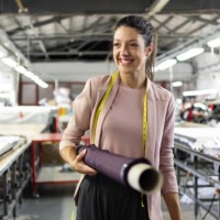 lächelnde junge frau in einer mode-fabrik - fashion stock-fotos und bilder