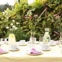 laid table in garden, decorated for a birthday party - garden decoration stock pictures, royalty-free photos & images