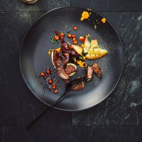 lamb tongue with potato, mushrooms and sea buckthorn - food stock pictures, royalty-free photos & images