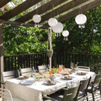 lanterns hanging over dining table at patio - garden decoration stock pictures, royalty-free photos & images