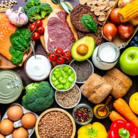large group of raw food for a well balanced diet. includes carbohydrates, proteins and dietary fiber - food stock pictures, royalty-free photos & images