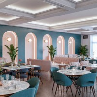 large mid century styled restaurant / bar with tables and chairs, stools, benches, ceiling moldings and windows with white curtains in the background, on parquet floor - home decoration stock pictures, royalty-free photos & i