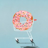 large sprinkled donut in shopping cart - junk food stock illustrations