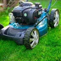 lawn mower on green grass in backyard - garden decoration stock pictures, royalty-free photos & images