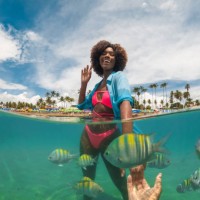 les touristes sur la plage s’amusent avec le poisson - travel photos et images de collection